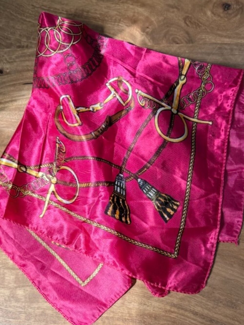 VINTAGE Equestrian Horse Bit & Tassel Print Square Scarf Hot Pink Gold